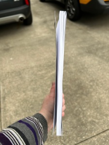 A picture of the side of the book showing how skinny it is.